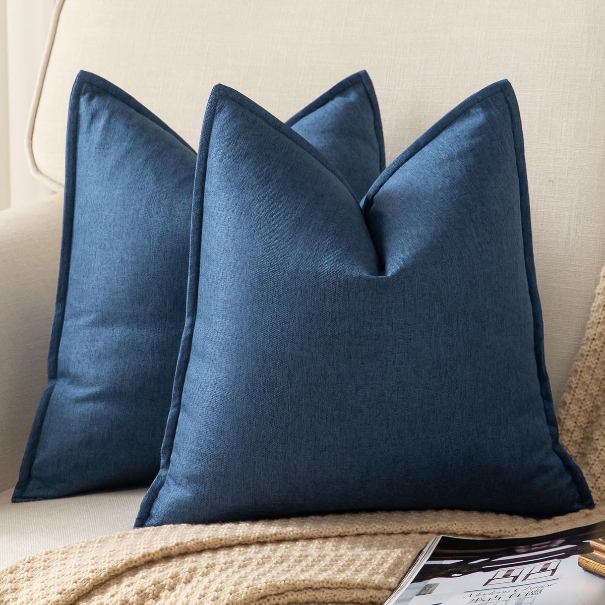 Omgoods - Set van 2 Decoratieve Linnen Kussenslopen 65x65cm Donkerblauw