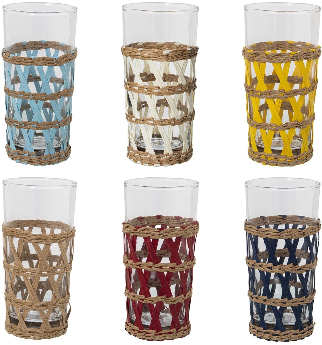 Omgoods - Set van 6 Hoge Glazen van Transparant Glas met Gekleurde Wilgentenen, 350 ml