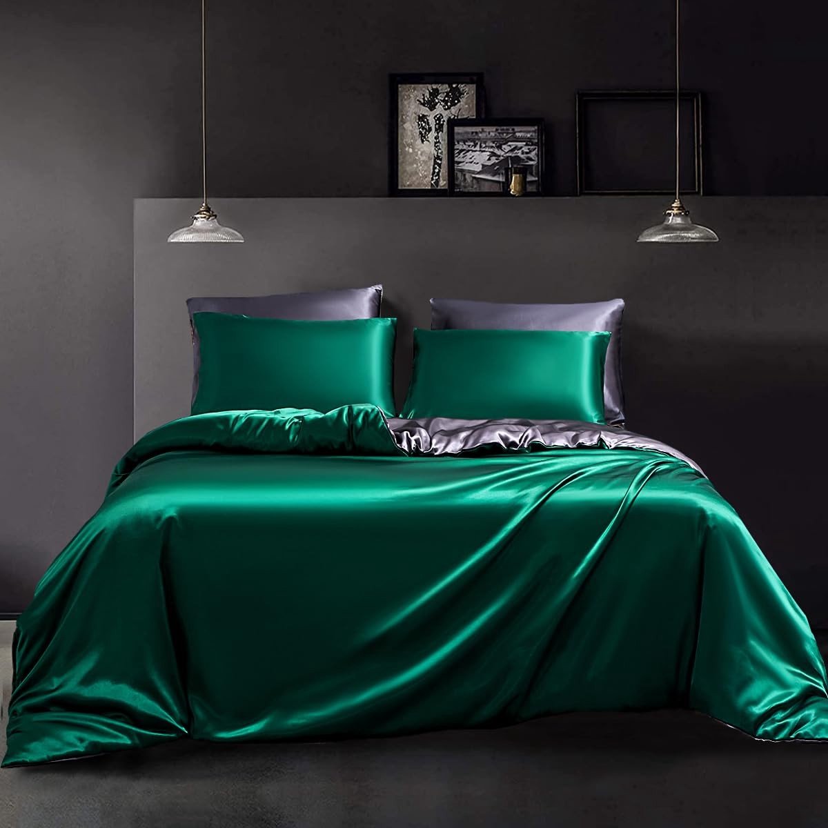 Omgoods - Luxe Satin Bedlinnen 135 x 200 cm Groen Donkergrijs met Rits en Kussensloop