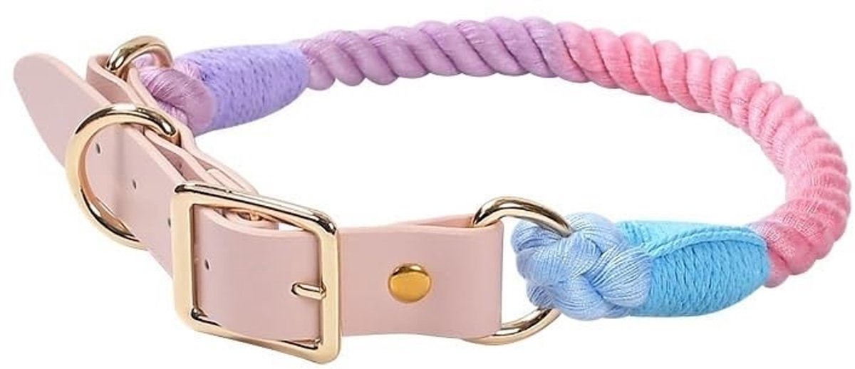 Omgoods - Handgeweven Hondenriem Set met Lederen Halsband - Macaron Kleur, 150cm