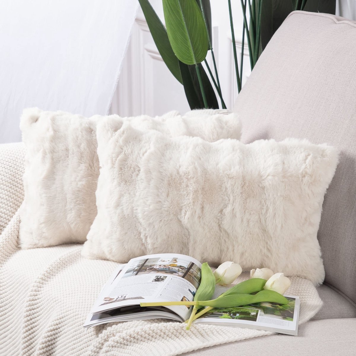 Omgoods - Set van 2 Katoenen Decoratieve Kussenslopen 30x50cm Crème Wit