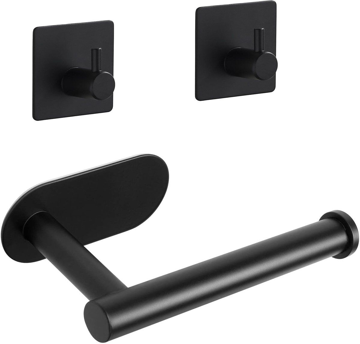 Omgoods - Zelfklevende Toiletrolhouder Zwart Mat RVS met 2 Handdoekhaken - Zonder Boren