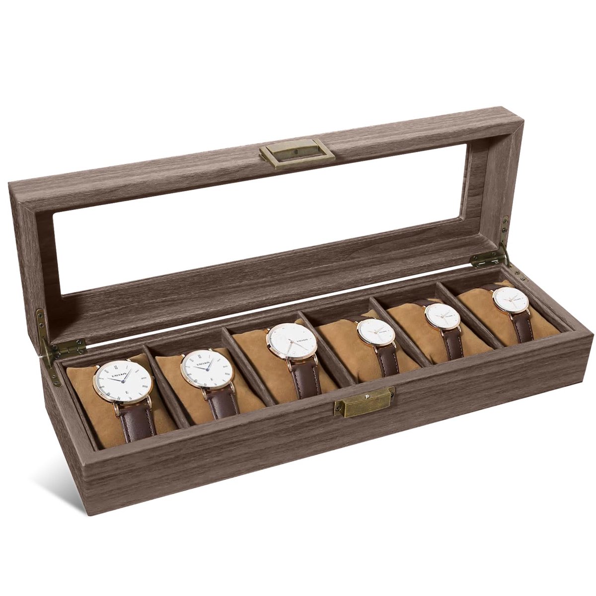 Omgoods - Houten Horlogedoos met 6 Vakken en Glazen Deksel - Elegante Opbergdoos voor Horloges