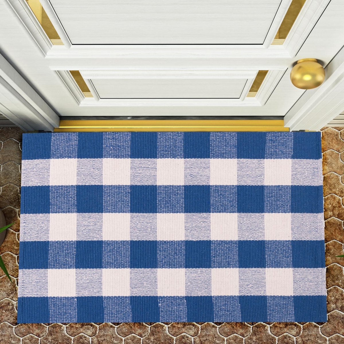 Omgoods - Handgeweven Katoenen Plaid Vloerkleed in Blauw en Wit