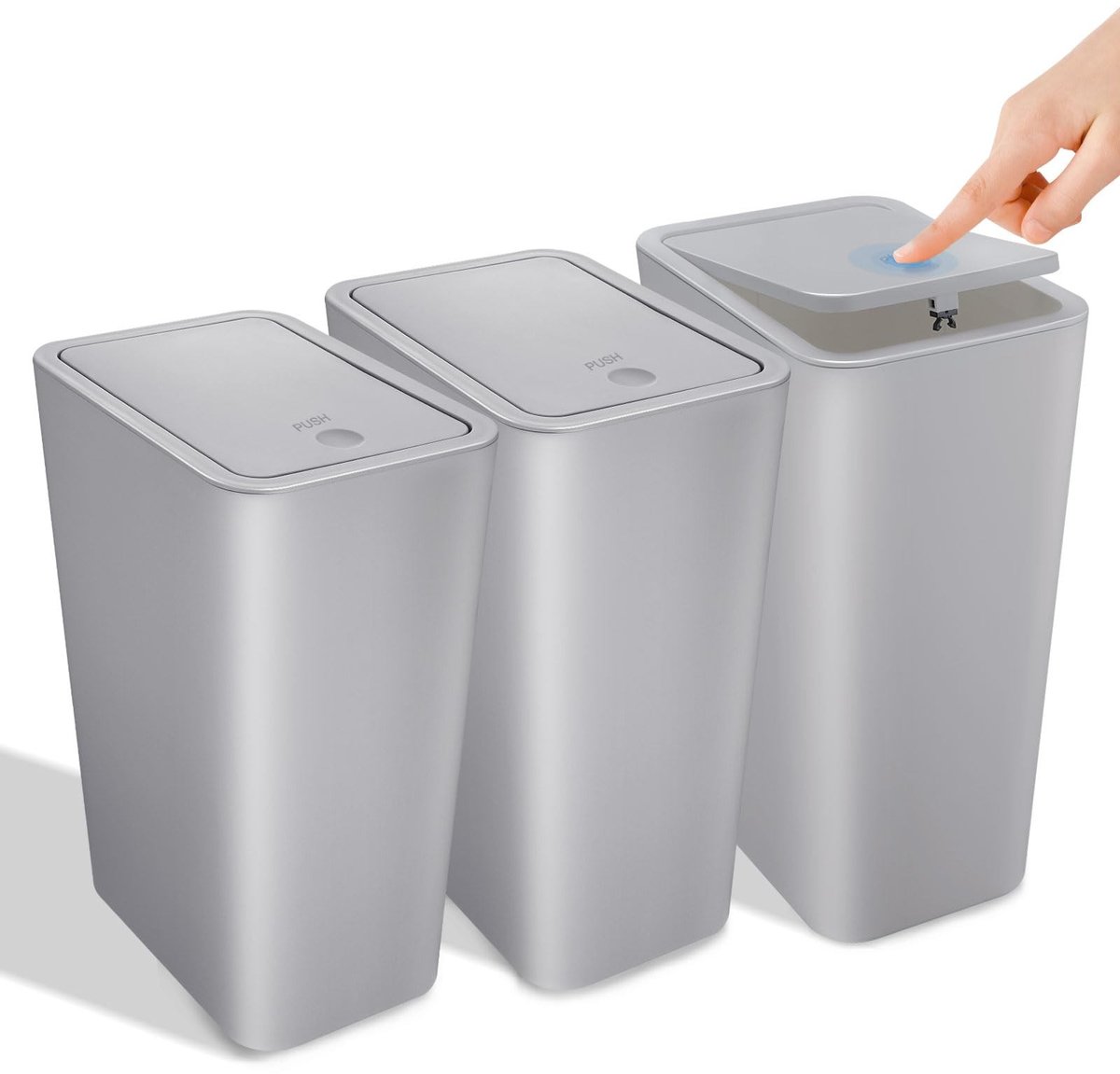 Omgoods - Set van 3 Vuilnisemmers voor Badkamer met Deksel - 10 Liter, Grijs