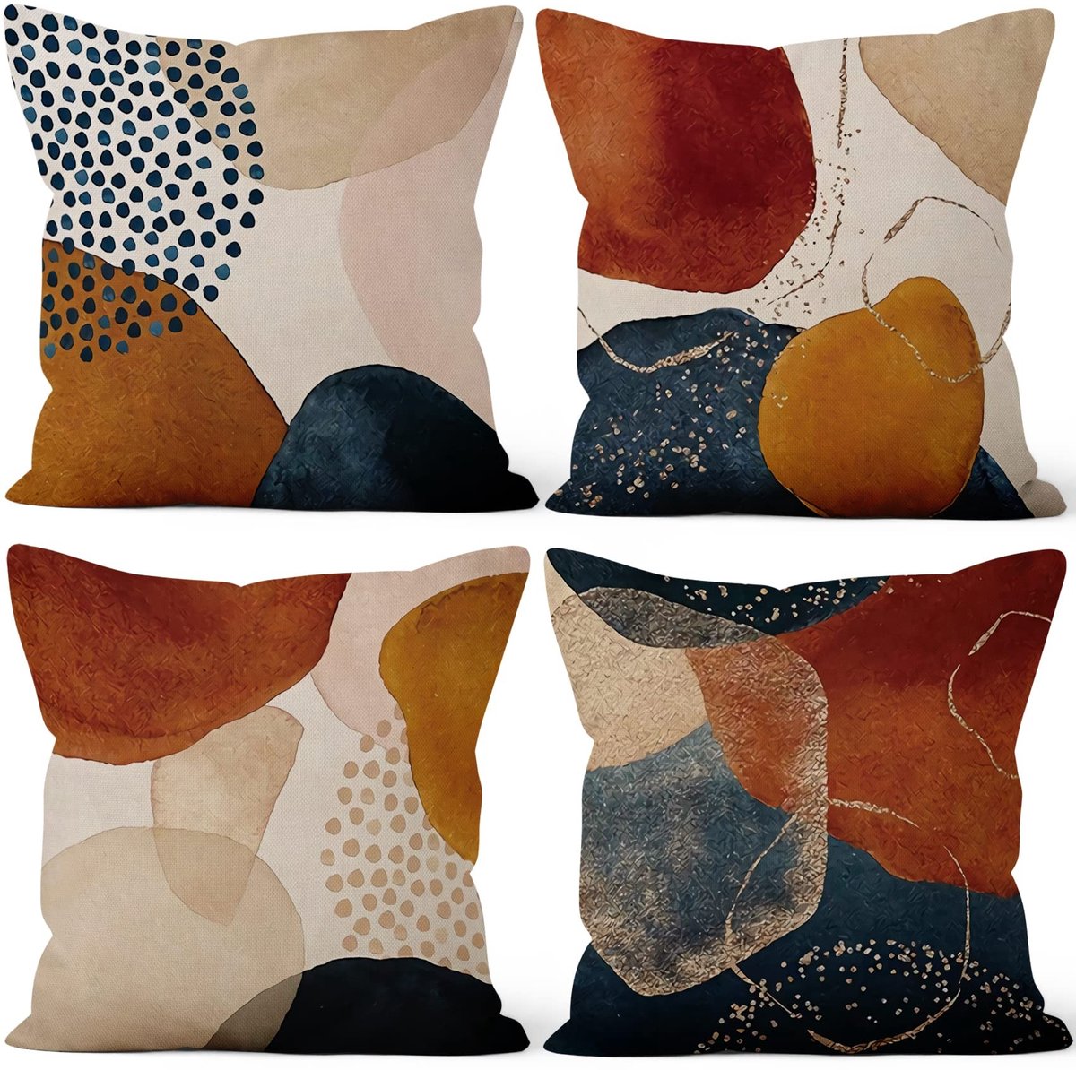 Omgoods - Set van 4 Boho Kussenhoezen - 40 x 40 cm Moderne Abstracte Kunst Beige Bruin Decoratief