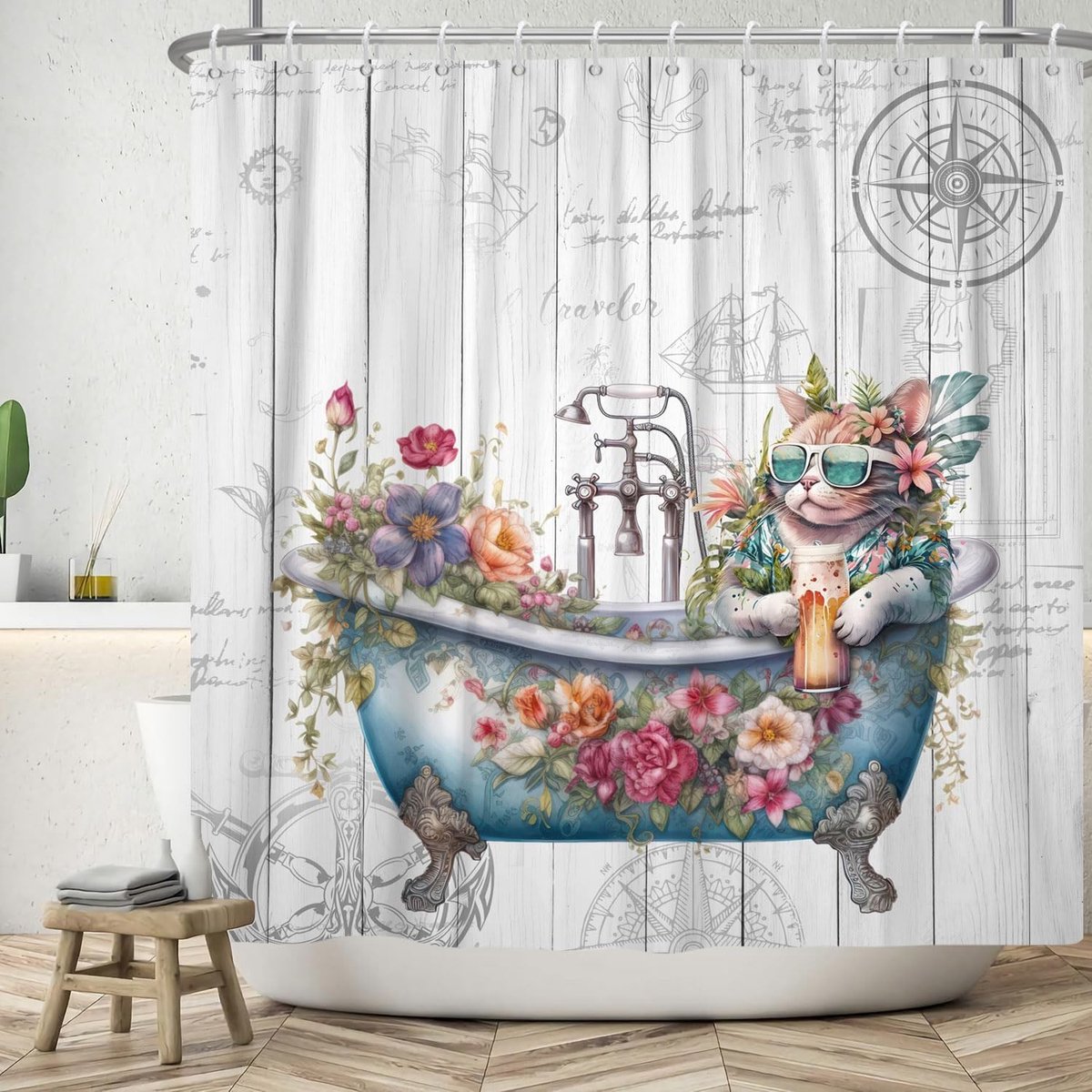 Omgoods - Grappig Douchegordijn met Vintage Hout en Kattenmotief 240x180 cm