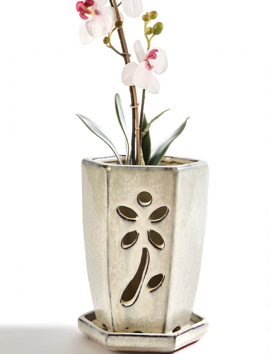 Omgoods - Hexagon Keramische Orchidee Pot met Schotel 10x15 cm