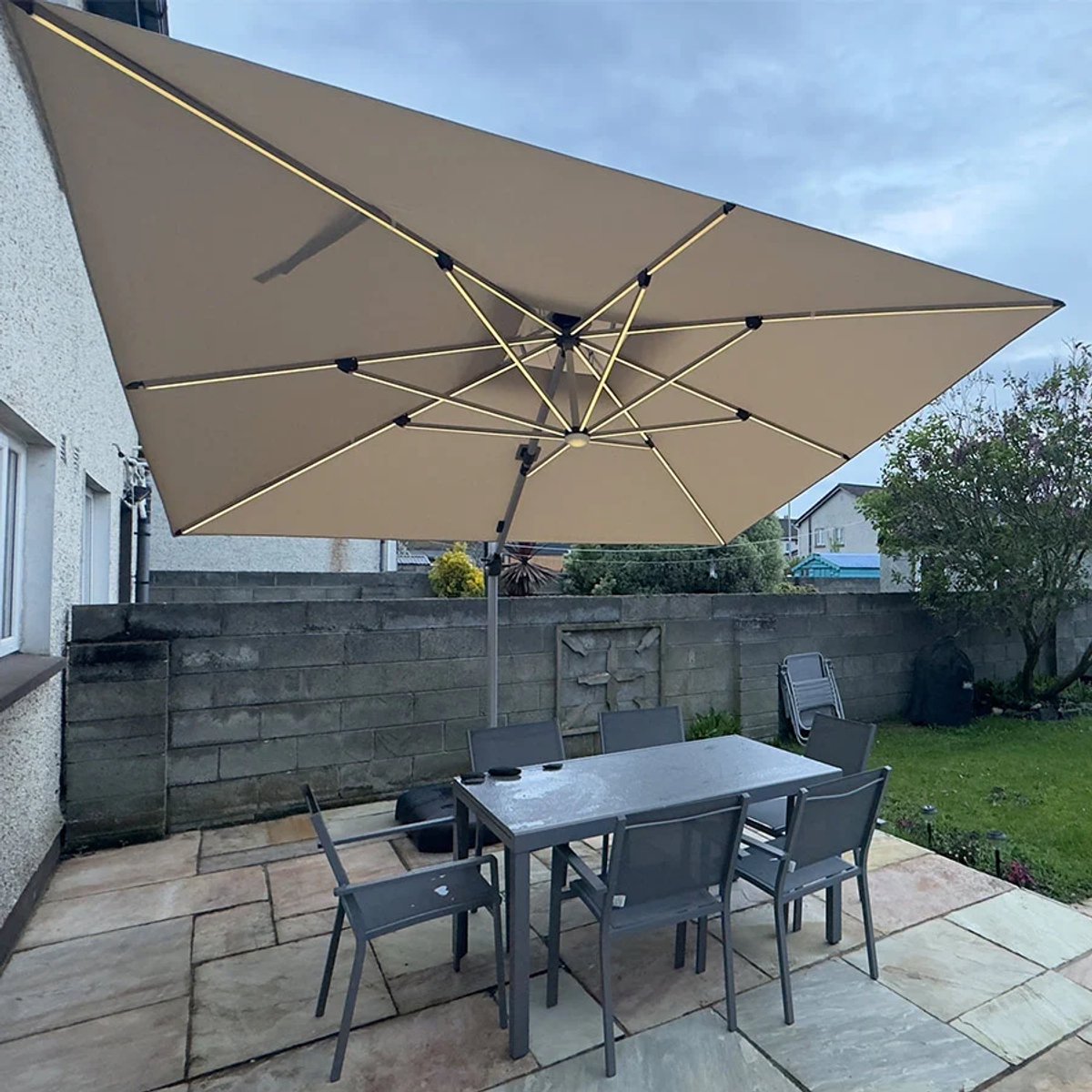 Purple Leaf Cantilever Parasol with LED Lighting 365x270 cm - Khaki