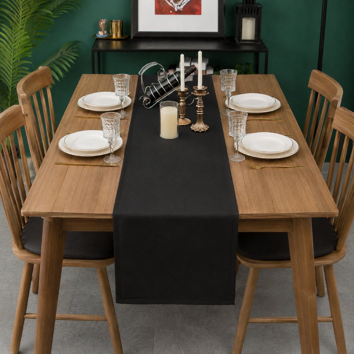 Zwarte linnenlook tafelloper 30x140cm, waterafstotend en wasbaar voor eettafel & dressoir