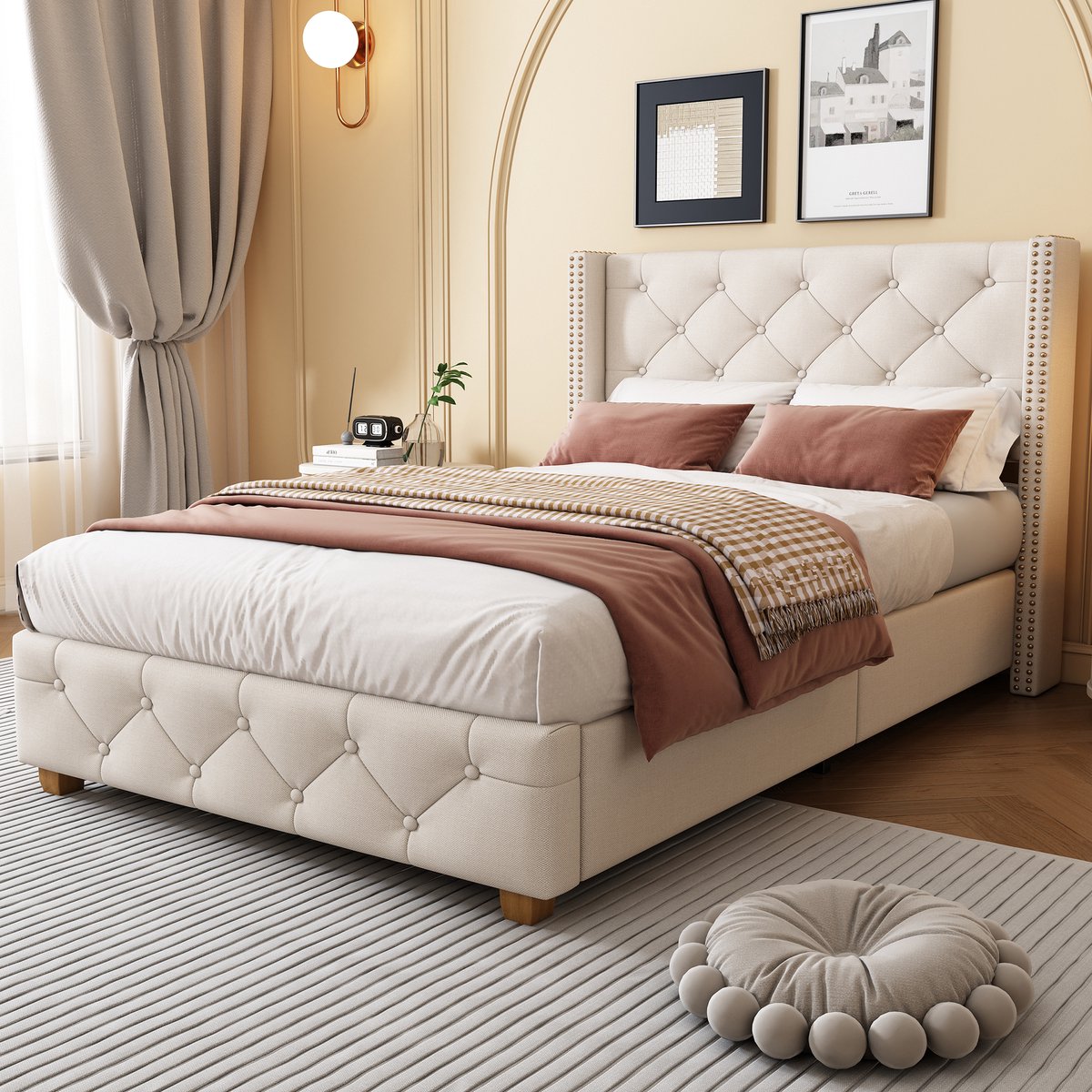 Gestoffeerd Bed 90x200 cm - Linnen Bed Met Hoofdbord Lattenbodem Beige