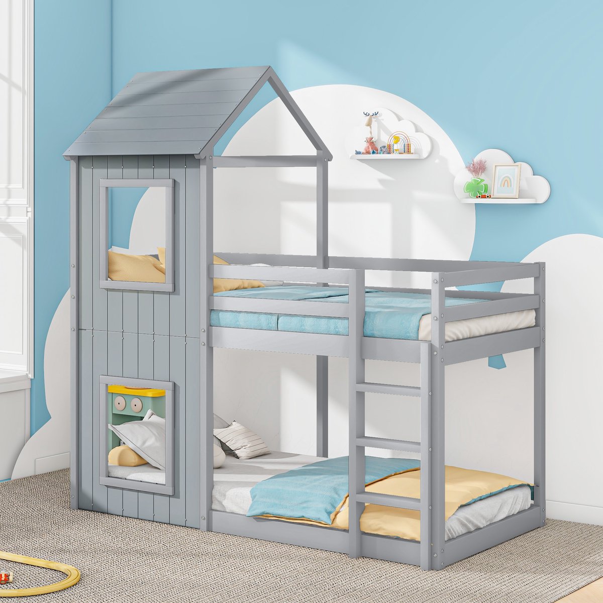 Huisbed 90x200 cm - Stapelbed Kinderbed Met Ladder Gordijn Massief Hout Grijs