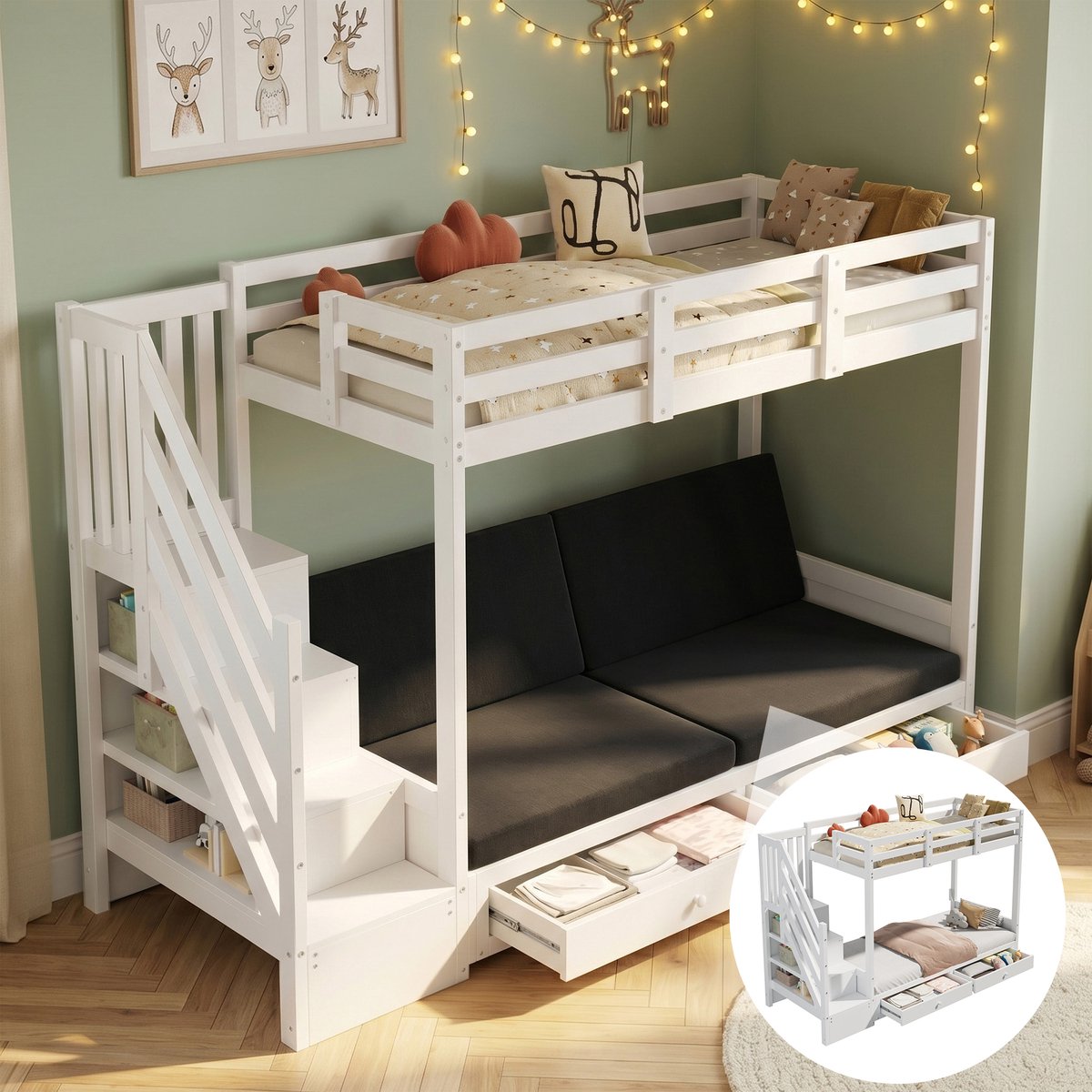 Kinderbed 90x200 Cm - Halfhoogslaper Met Trapkast Opbergruimte En Sofa Wit