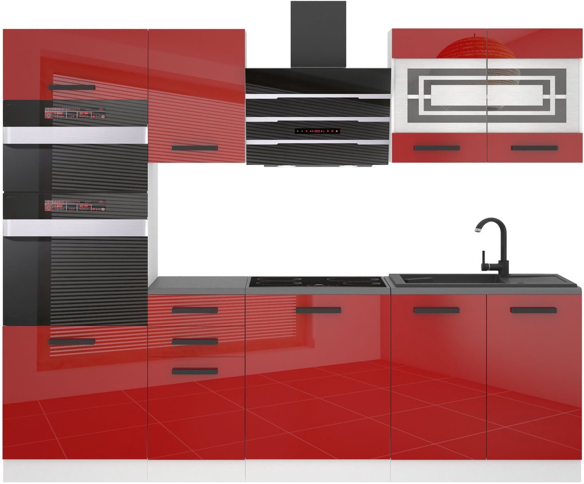 BELINI Keukenblok TRACY - Keukenmeubel Set 240 cm Rood Hoogglans zonder Werkbladen - Boven- en Onderkasten