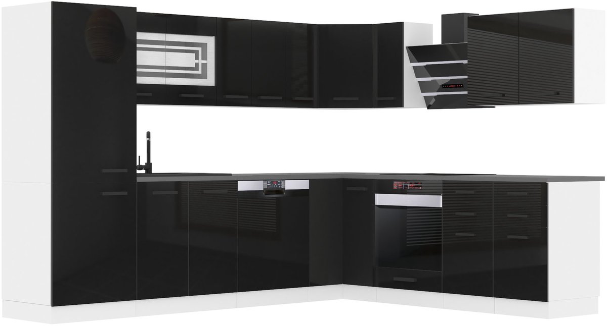 BELINI L-Vorm Keukenblok JULIE - Keukenmeubel Set 460 cm Zwart Hoogglans met Werkbladen - Boven- en Onderkasten