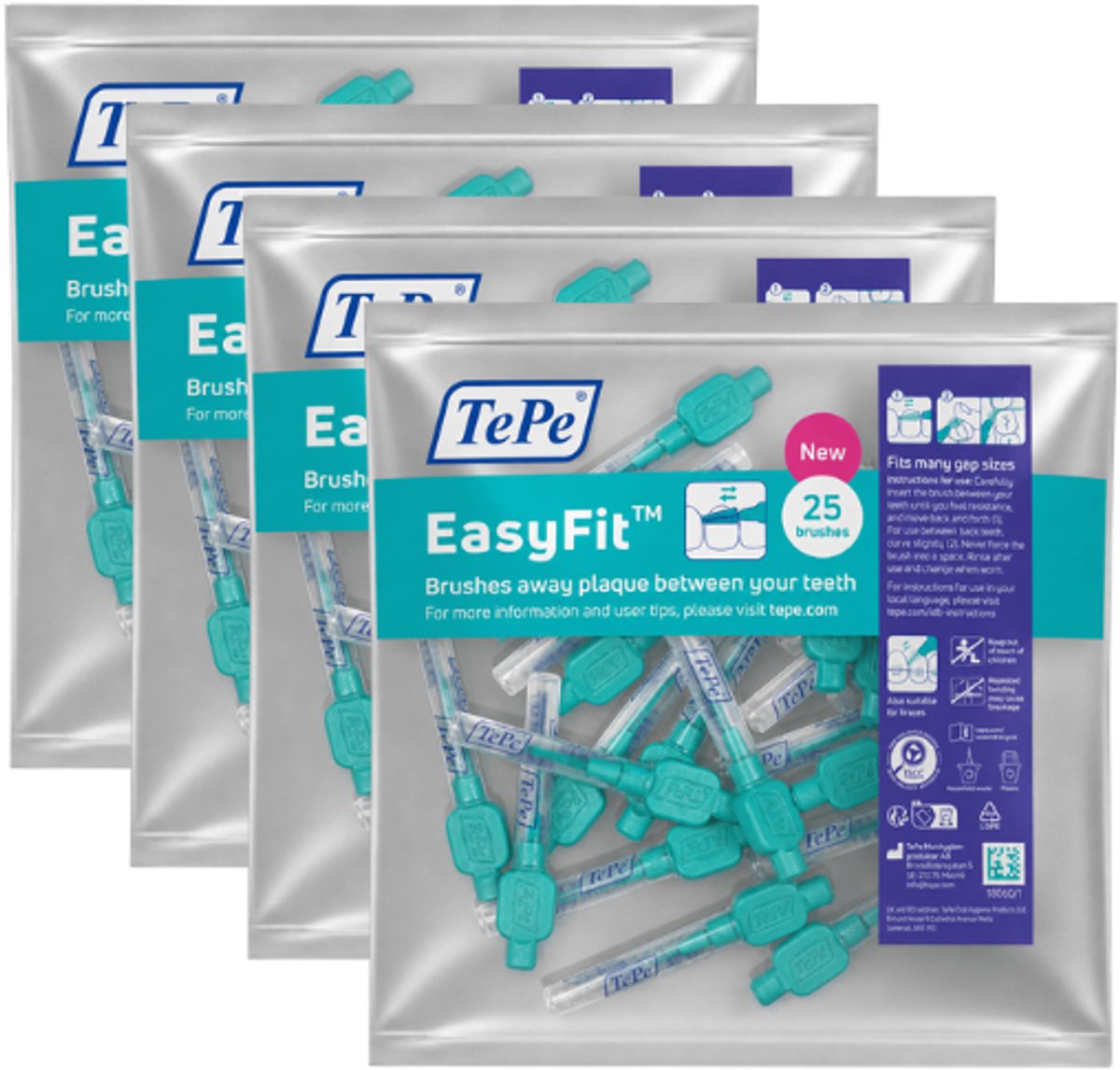 TePe EasyFit Interdentale Ragers Maat S/M Blauw (Turquoise) - 4 x 25 stuks