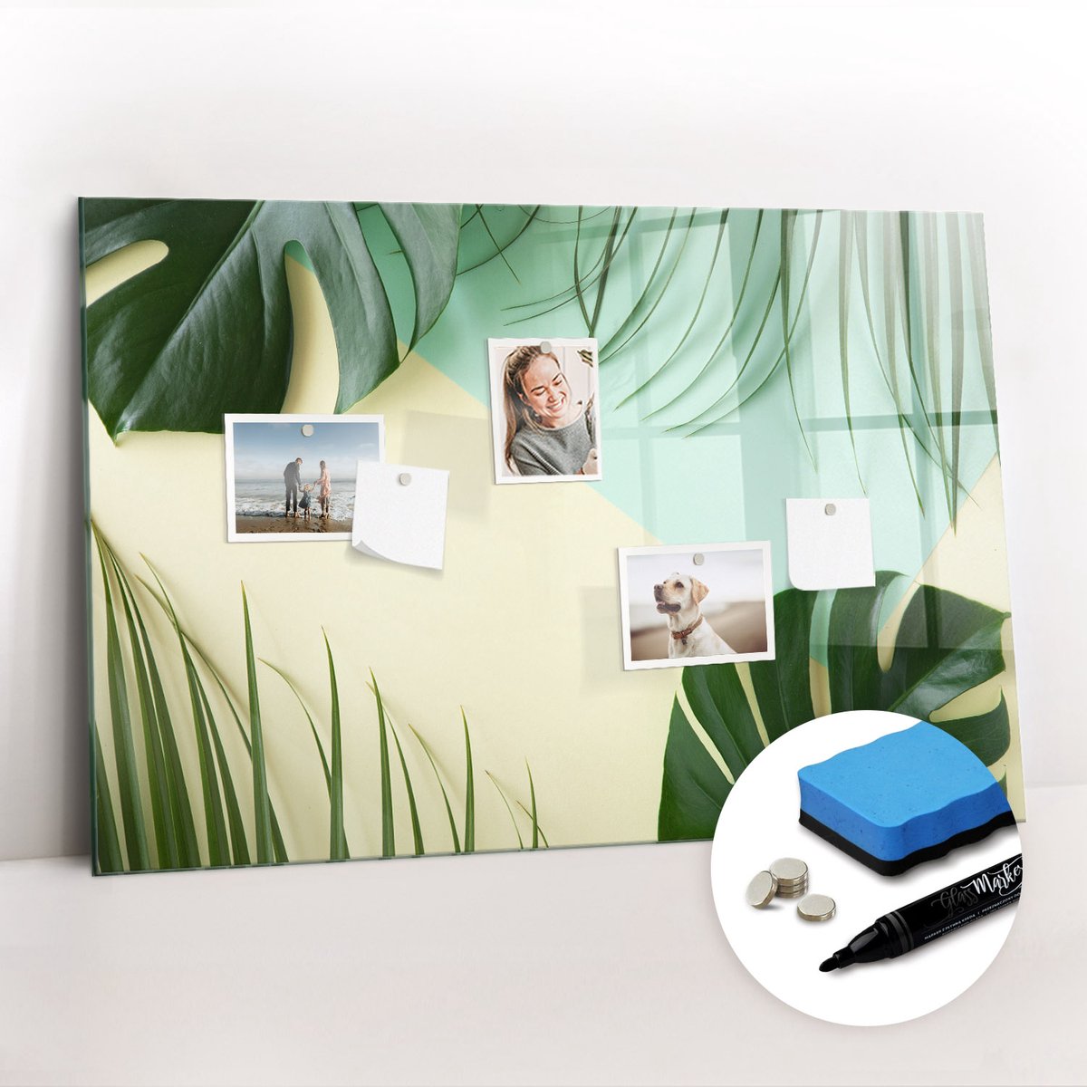 Tulup Whitebord - Exotische monstera-bladeren - 90 x 60 cm - Groente Magneetbord Keuken - Gratis 5 Sterke Magneten + Whiteboard Marker & Wisser - Scandinavisch Design Bord - Memobord Glas - Notitiebord Werkplek