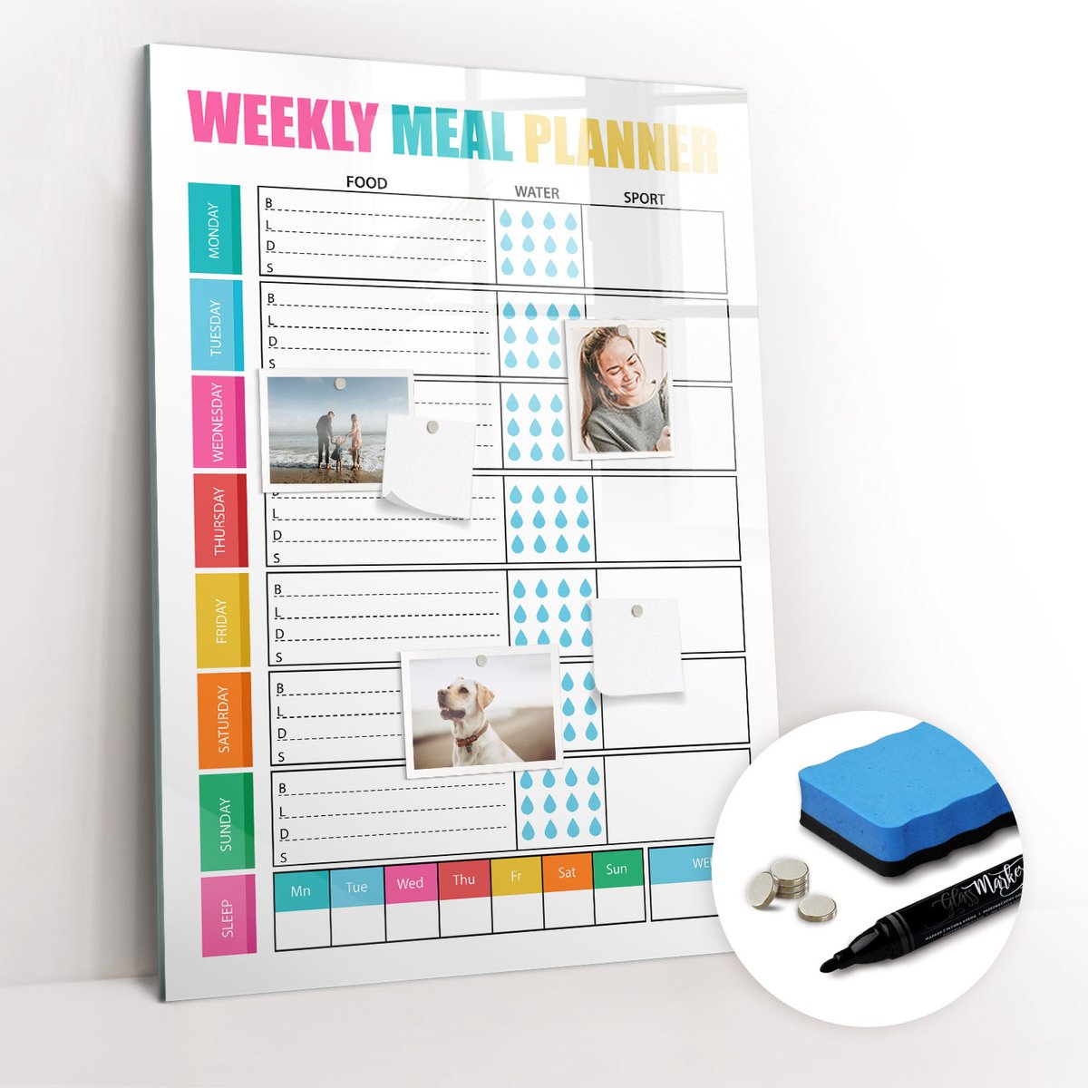 Tulup Whitebord - Dieet weekmaaltijdplanner - 70 x 100 cm - Veelkleurig Foto Magneetbord - Gratis 5 Sterke Magneten + Whiteboard Marker & Wisser - Moderne Wanddecoratie - Memobord Glas - Organiseer Je Bureau