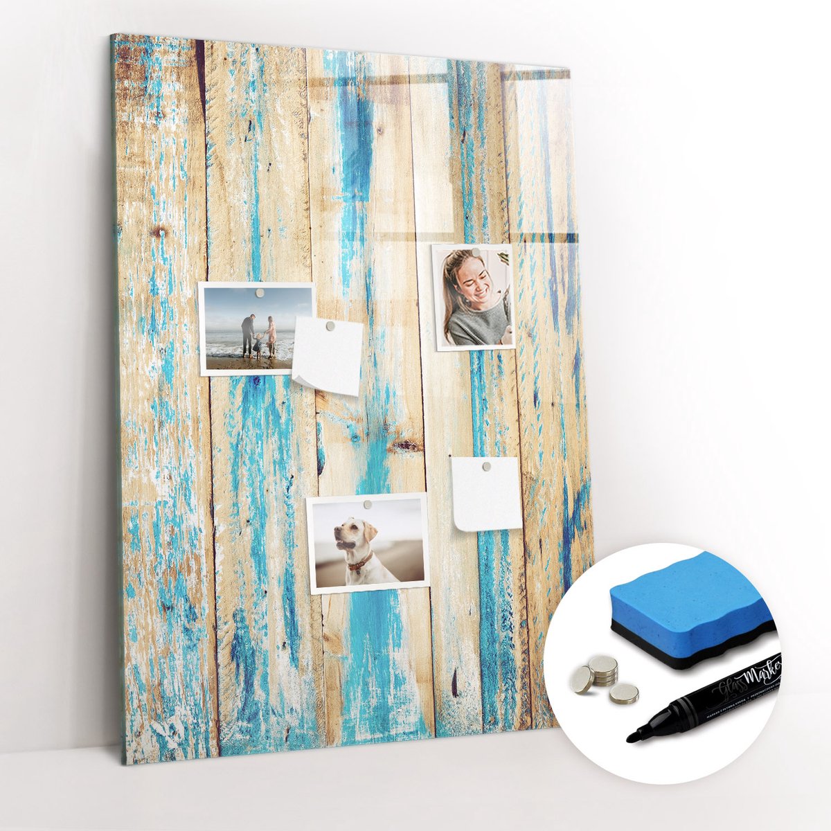 Tulup Whitebord - Verouderd hout - 70 x 100 cm - Blauw Magneetbord Foto - Gratis 5 Sterke Magneten + Whiteboard Marker & Wisser - Wanddecoratie Kantoor - Memobord Keuken - Ideeënbord Thuiswerkplek