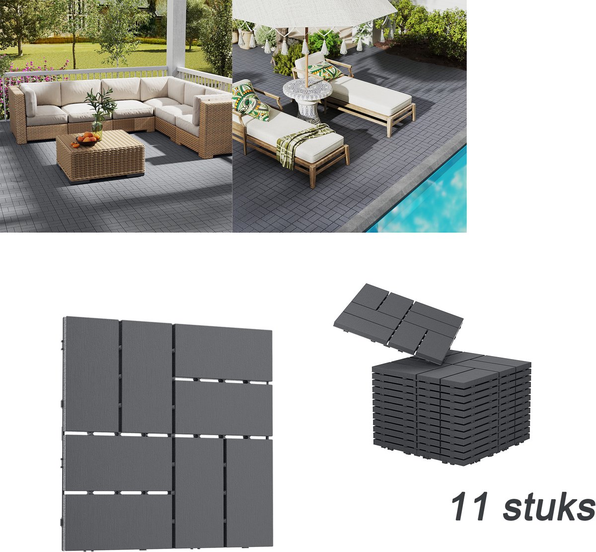 11x WPC Kliktegels 30x30 cm - Terrastegels voor Balkon, Tuin & Terras - Houtlook - Antislip - Weerbestendig - Blokpatroon - Anthraciet