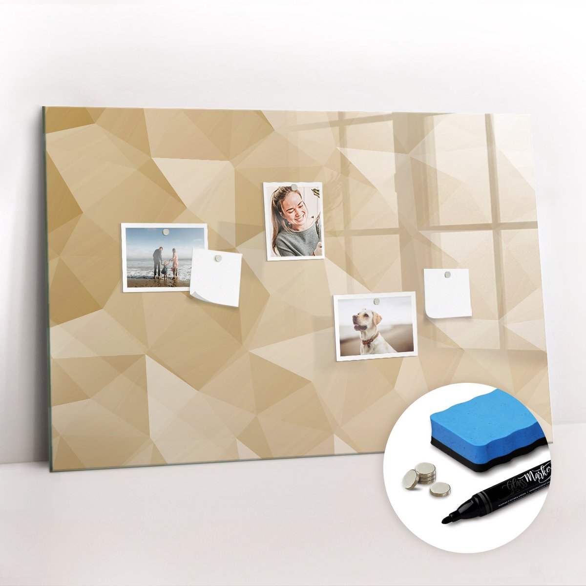 Tulup Whitebord - Abstracte pastelkleurige driehoeken - 90 x 60 cm - Geel Magnetic Board - Gratis 5 Sterke Magneten + Whiteboard Marker & Wisser - Industrieel Wandbord - Magneetbord Rechthoekig - Planning Muur