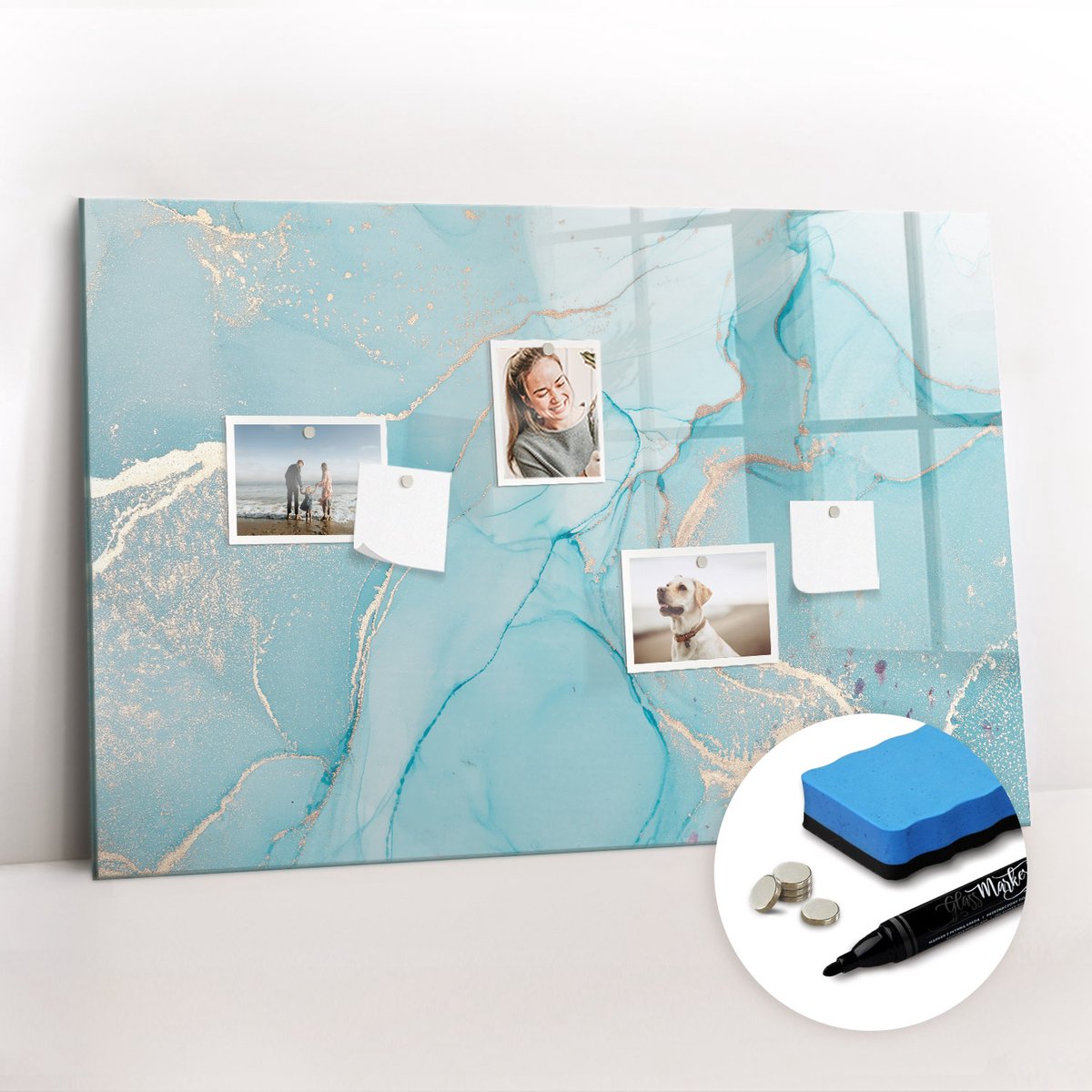 Tulup Whitebord - Decoratief marmer - 90 x 60 cm - Turkoois Magneetbord Keuken - Gratis 5 Sterke Magneten + Whiteboard Marker & Wisser - Design Memobord - Foto Magneetbord - Ideeënbord Thuiswerkplek