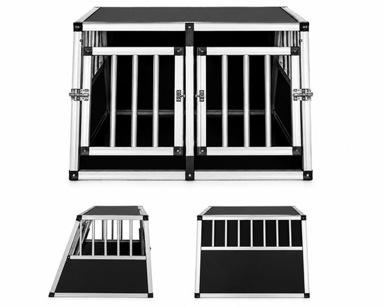 Zwarte en aluminium hondenbench met dubbele deuren en verticale spijlen.