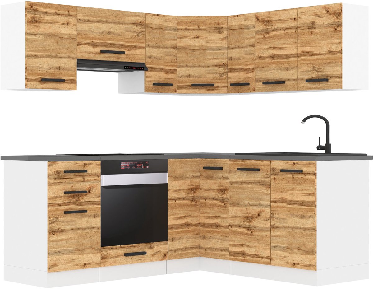 BELINI L-Vorm Keukenblok SARAH - Keukenmeubel Set 320 cm Wotan Eiken met Werkbladen - Boven- en Onderkasten