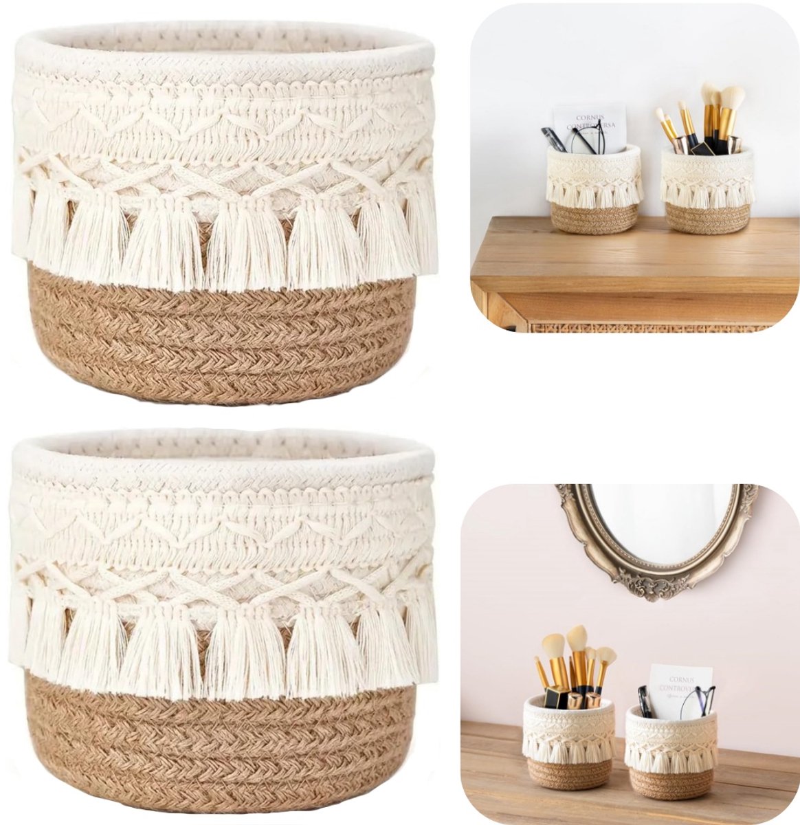 2 stuks gevlochten mand - make upkwasten opbergrek - afstandsbediening opbergrek - kamopberger - pennenhouder - draagbaar - grote capaciteit - opbergaccessoires - geschikt voor bureau, make-upkwasten, pennen (bruin, 12*10cm)