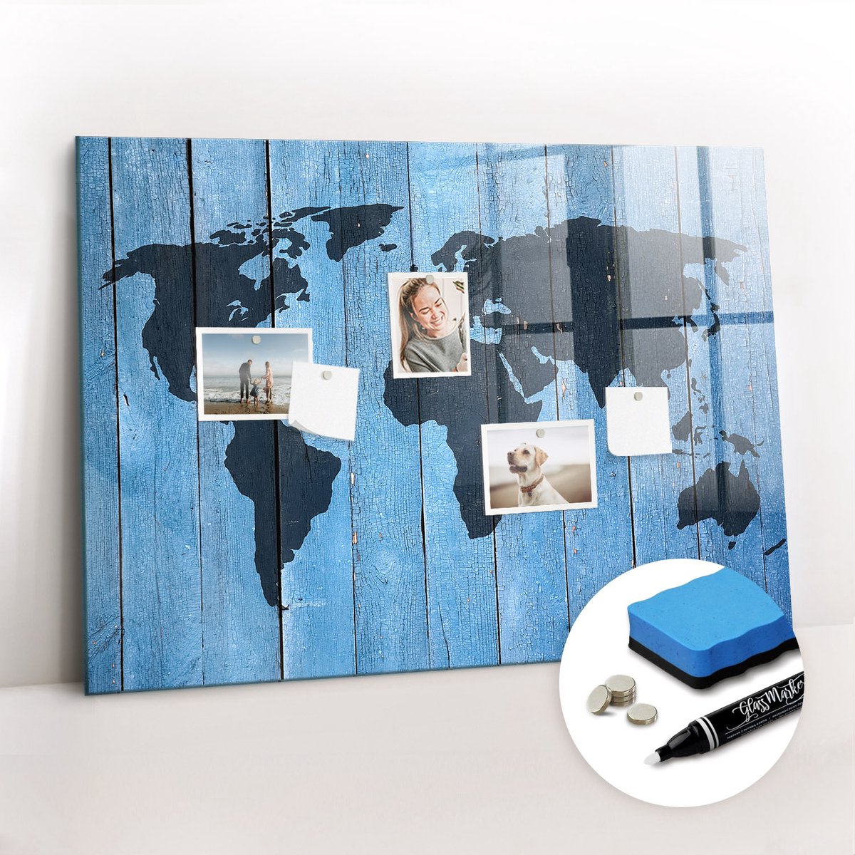 Tulup Whitebord - Wereldkaart op een bord - 100 x 70 cm - Blauw Magneetbord Rechthoekig - Gratis 5 Sterke Magneten + Whiteboard Marker & Wisser - Wanddecoratie Kantoor - Magneetbord Foto - Ideeënbord Thuiswerkplek