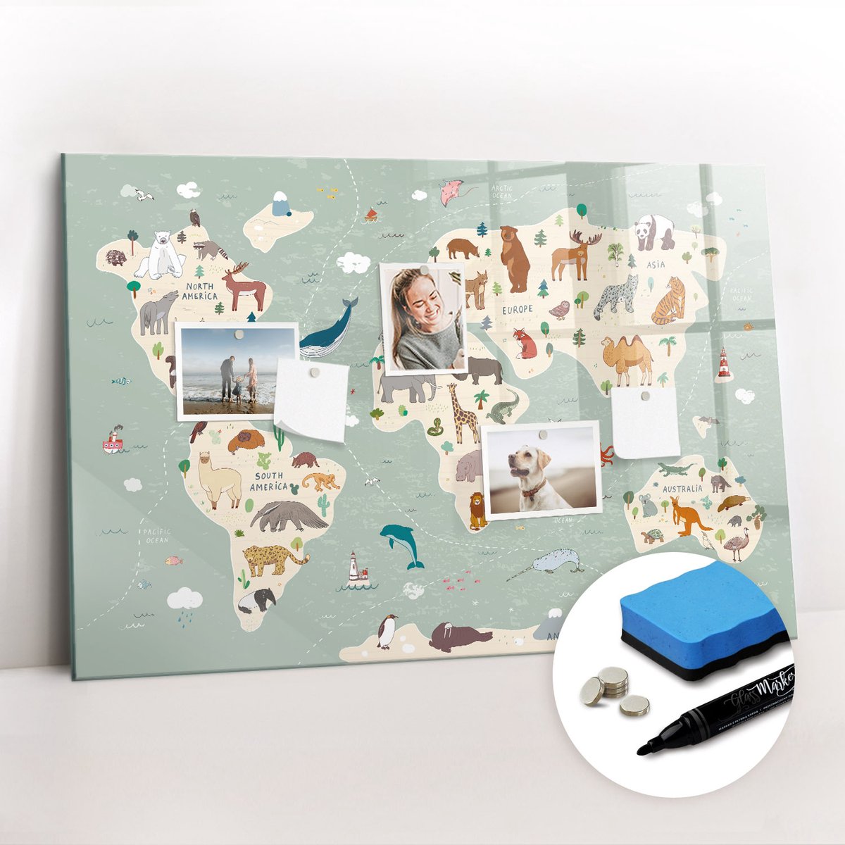 Tulup Whitebord - Dierenkaart van de wereld - 90 x 60 cm - Veelkleurig Memo Bord - Gratis 5 Sterke Magneten + Whiteboard Marker & Wisser - Interieur Accessoires Kantoor - Foto Magneetbord - Productiviteit Tools