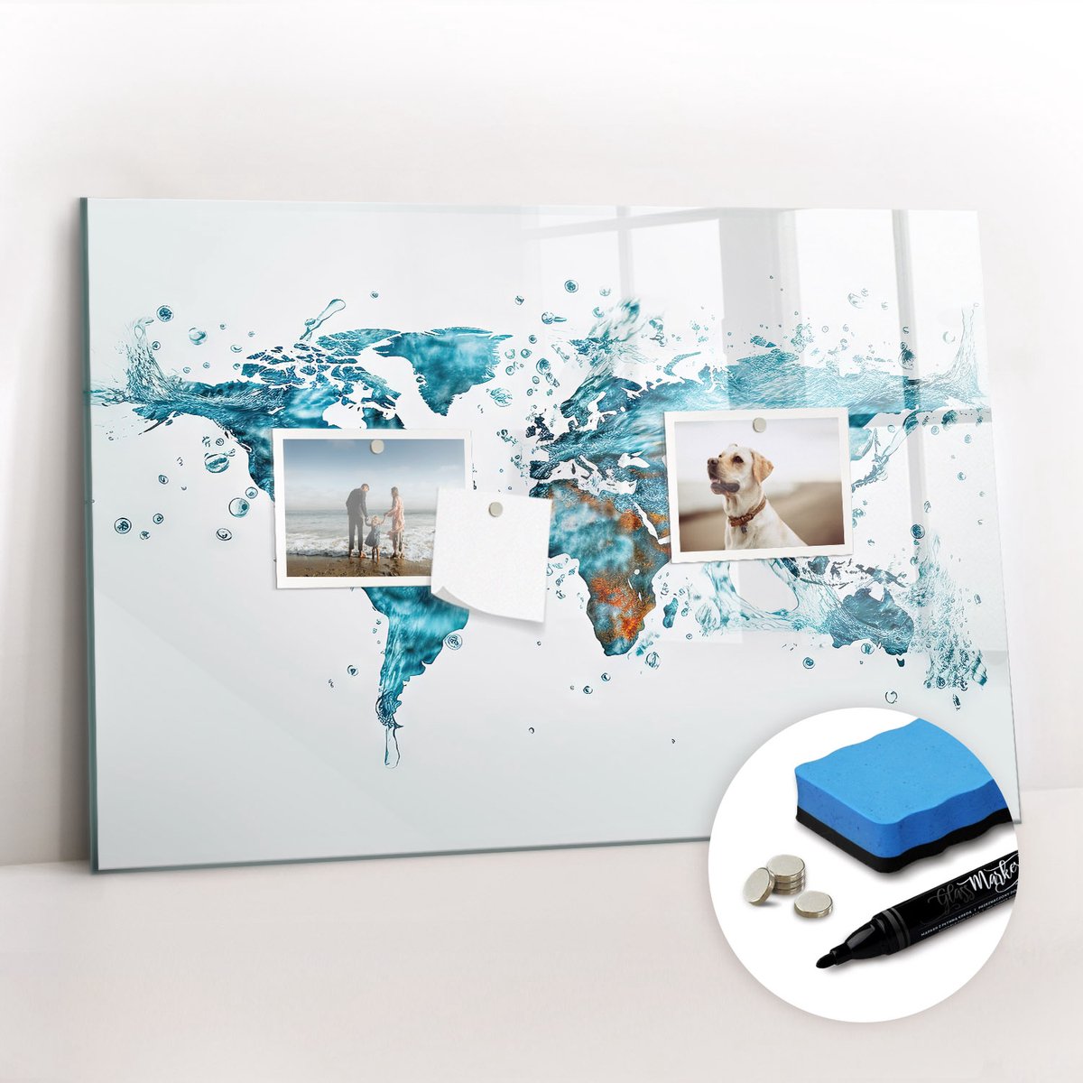 Tulup Whitebord - Waterkaart van de wereld - 60 x 40 cm - Turkoois Magnetisch Bord - Gratis 5 Sterke Magneten + Whiteboard Marker & Wisser - Decoratief Magnetisch Bord - Magnetic Board - Productiviteit Tools