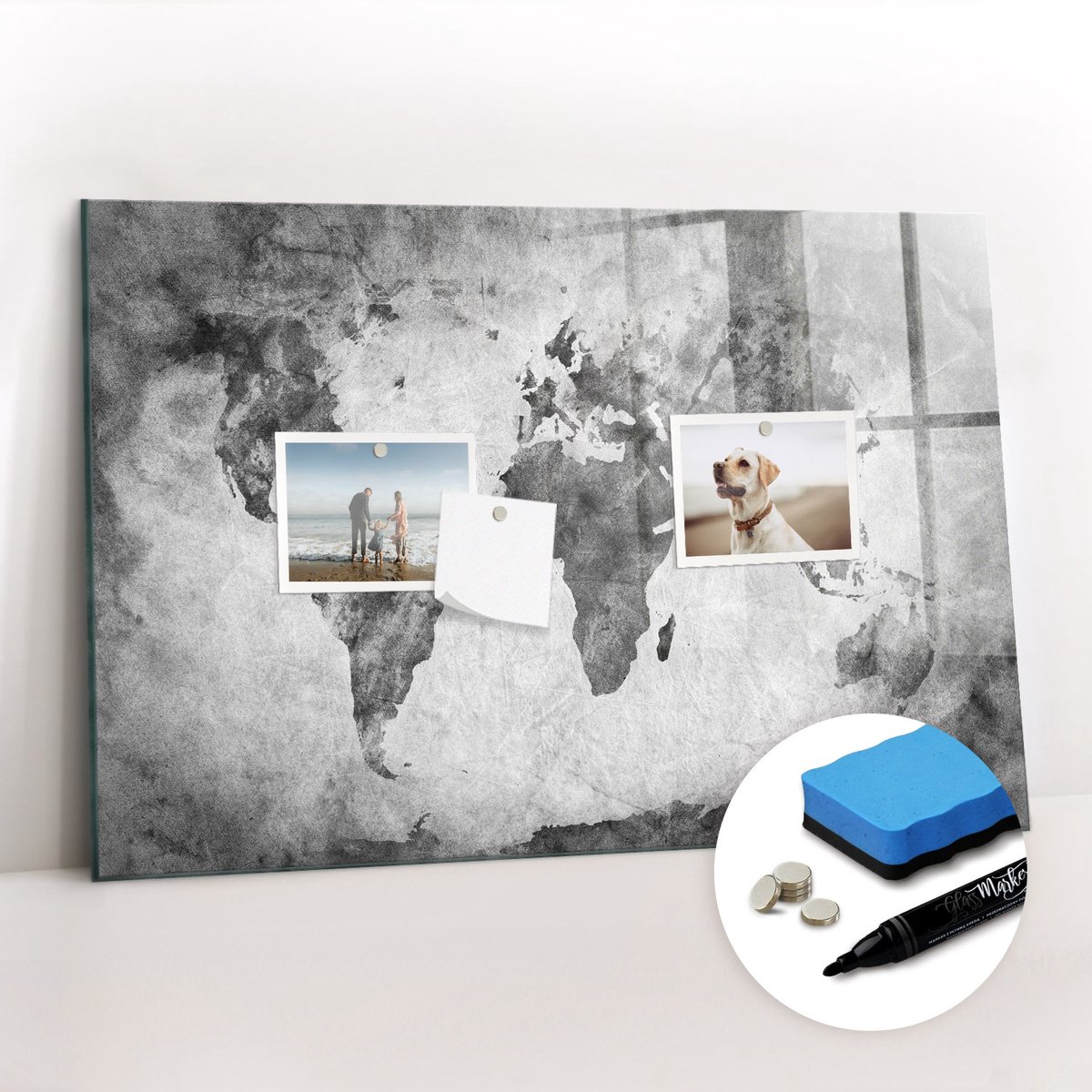 Tulup Whitebord - Geografische wereldkaart - 60 x 40 cm - Zwart-wit Magneetbord Keuken - Gratis 5 Sterke Magneten + Whiteboard Marker & Wisser - Wanddecoratie Kantoor - Memobord Magnetisch - Inspiratiebord Kantoor