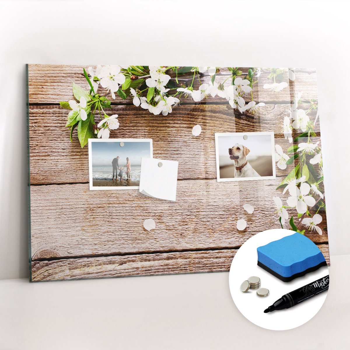 Tulup Whitebord - Bloemen op hout - 60 x 40 cm - Bruin Magnetisch Memobord - Gratis 5 Sterke Magneten + Whiteboard Marker & Wisser - Moderne Wanddecoratie - Magneetbord Keuken - Notitiebord Werkplek