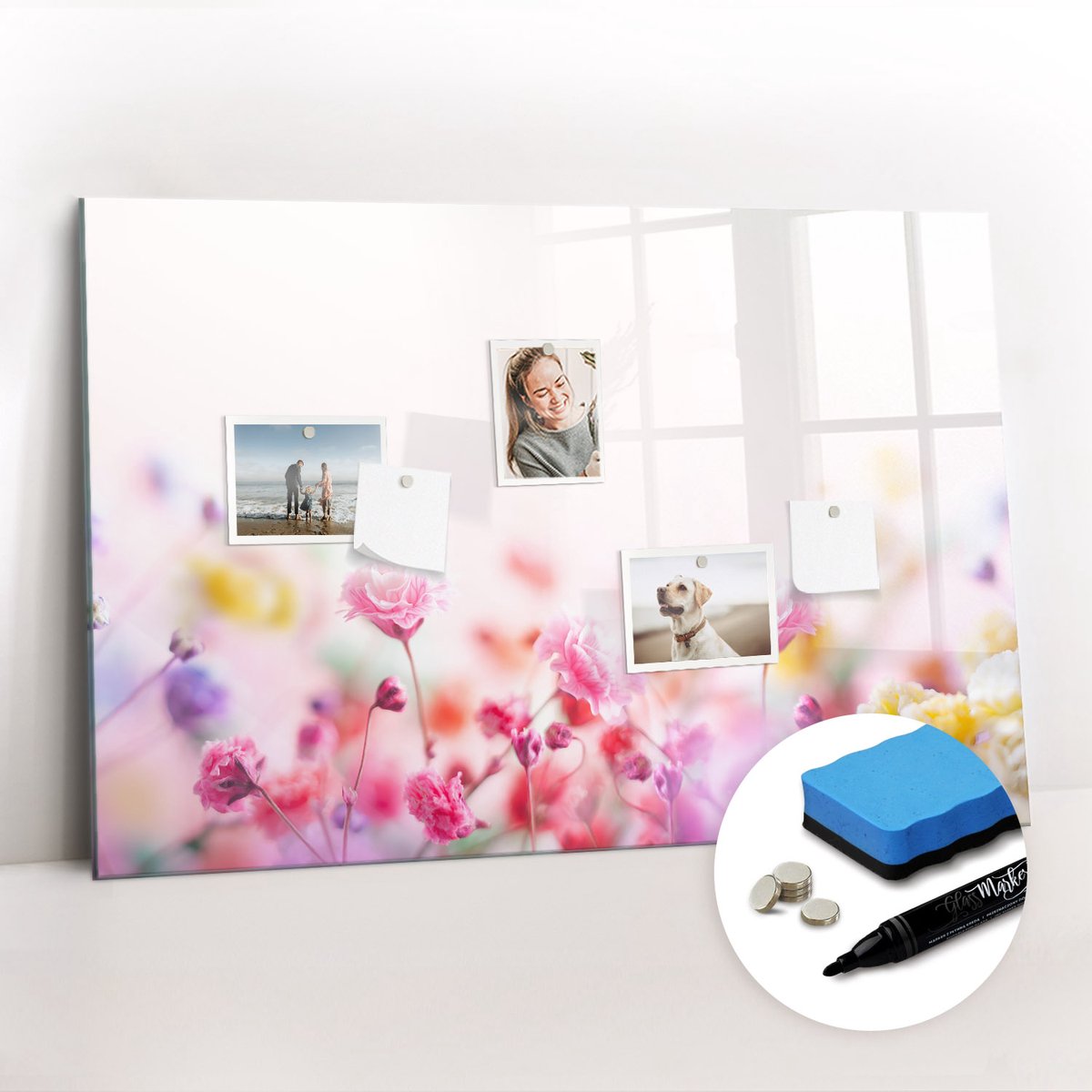 Tulup Whitebord - Bloemen in de weide - 90 x 60 cm - Veelkleurig Magneetbord Foto - Gratis 5 Sterke Magneten + Whiteboard Marker & Wisser - Design Memobord - Magnetic Board - Inspiratiebord Kantoor