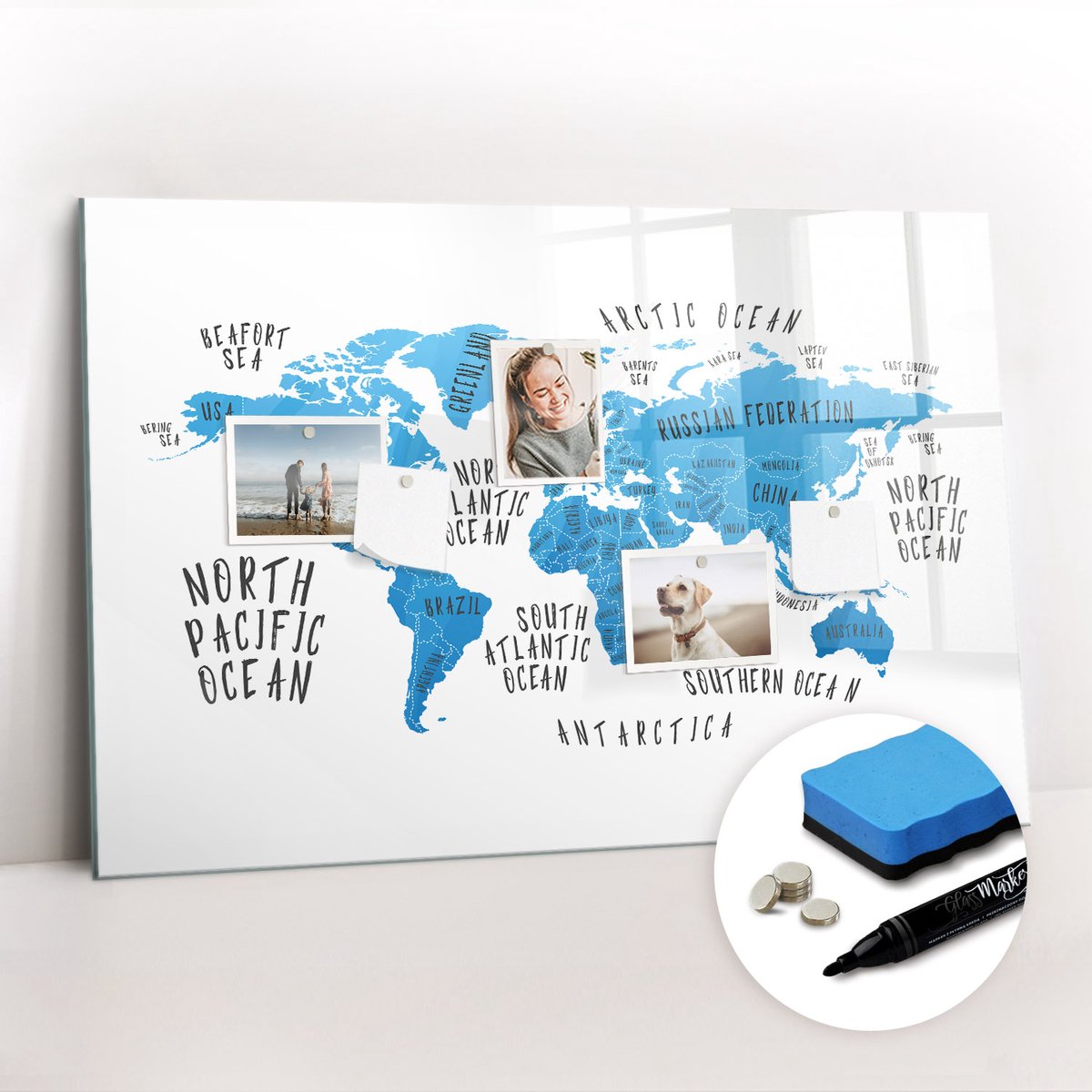 Tulup Whitebord - Blauwe kaart van de aarde - 90 x 60 cm - Blauw Magnetisch Wandbord - Gratis 5 Sterke Magneten + Whiteboard Marker & Wisser - Stylish Memo Board - Memobord Glas - Planning Muur