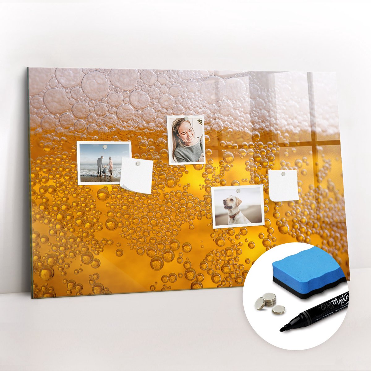 Tulup Whitebord - Bier - 90 x 60 cm - Geel Memobord Glas - Gratis 5 Sterke Magneten + Whiteboard Marker & Wisser - Wanddecoratie Kantoor - Magneetbord Rechthoekig - Inspiratiebord Kantoor