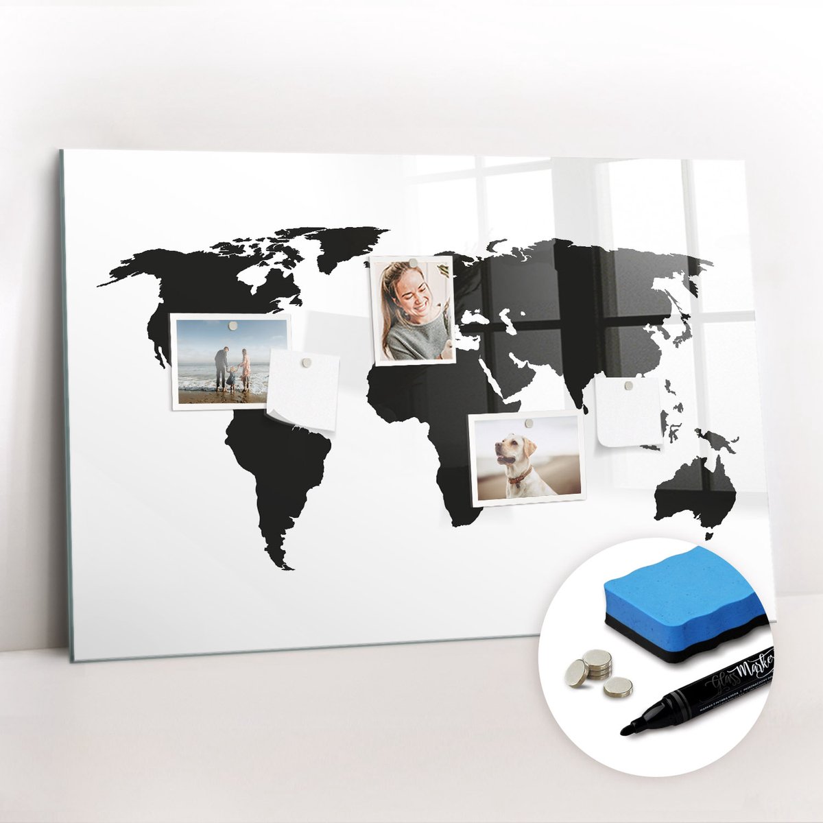 Tulup Whitebord - Zwarte wereldkaart - 90 x 60 cm - Zwart Magnet Board - Gratis 5 Sterke Magneten + Whiteboard Marker & Wisser - Interieur Accessoires Kantoor - Magneetbord Design - Planning Muur