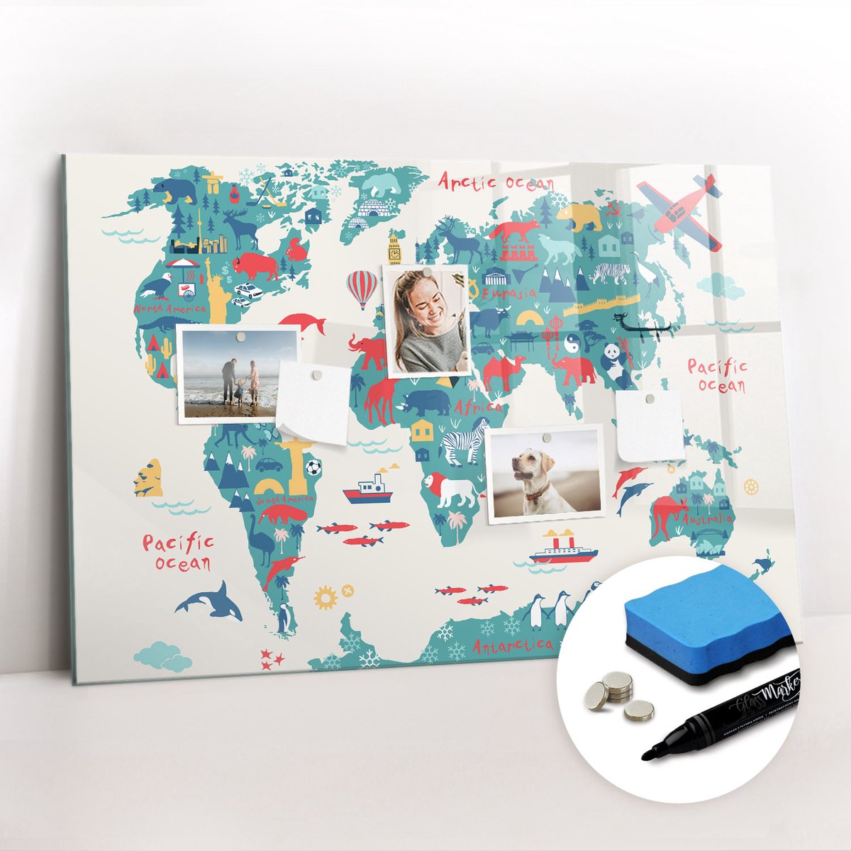 Tulup Whitebord - Picturale wereldkaart - 90 x 60 cm - Veelkleurig Memobord Glas - Gratis 5 Sterke Magneten + Whiteboard Marker & Wisser - Moderne Wanddecoratie - Foto Magneetbord - Planning Muur