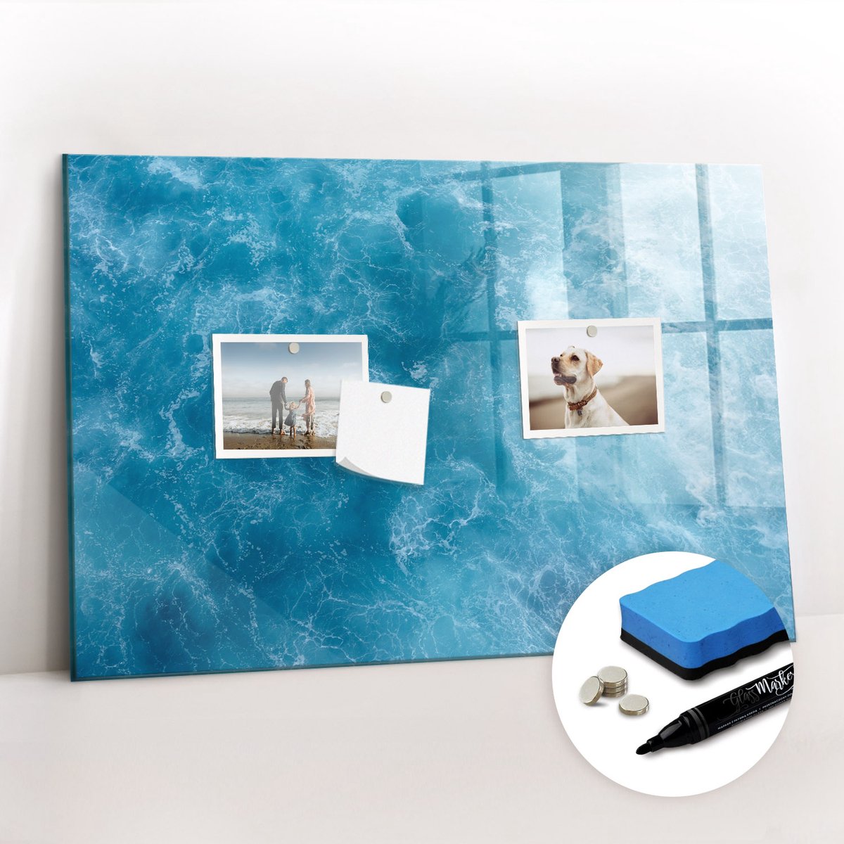 Tulup Whitebord - Zeewater - 60 x 40 cm - Blauw Memobord Magnetisch - Gratis 5 Sterke Magneten + Whiteboard Marker & Wisser - Moderne Wanddecoratie - Magnetisch Bord Kind - Notitiebord Werkplek