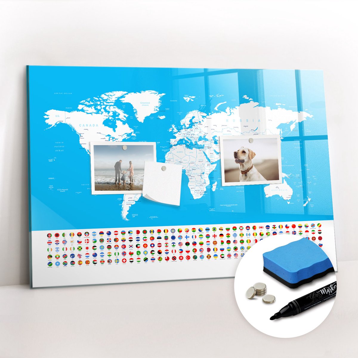 Tulup Whitebord - Overzichtskaart van landen - 60 x 40 cm - Blauw Memobord Keuken - Gratis 5 Sterke Magneten + Whiteboard Marker & Wisser - Industrieel Wandbord - Magnetisch Wandbord - Productiviteit Tools
