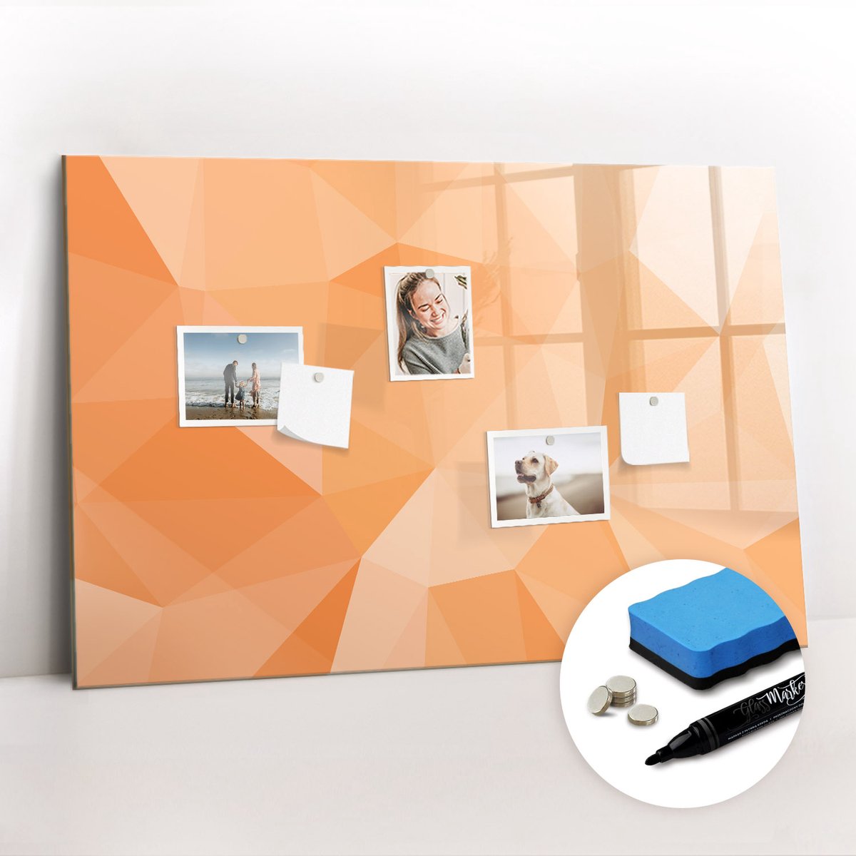 Tulup Whitebord - Abstracte driehoeken - 90 x 60 cm - Oranje Magneetbord Foto - Gratis 5 Sterke Magneten + Whiteboard Marker & Wisser - Interieur Accessoires Kantoor - Magnetic Board - Ideeënbord Thuiswerkplek