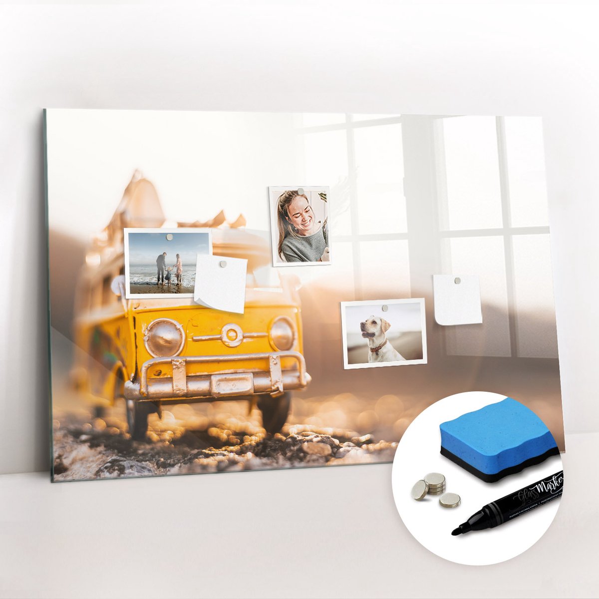 Tulup Whitebord - Autovakantie - 90 x 60 cm - Geel Magnetisch Memobord - Gratis 5 Sterke Magneten + Whiteboard Marker & Wisser - Scandinavisch Design Bord - Magneetbord Foto - Organiseer Je Bureau
