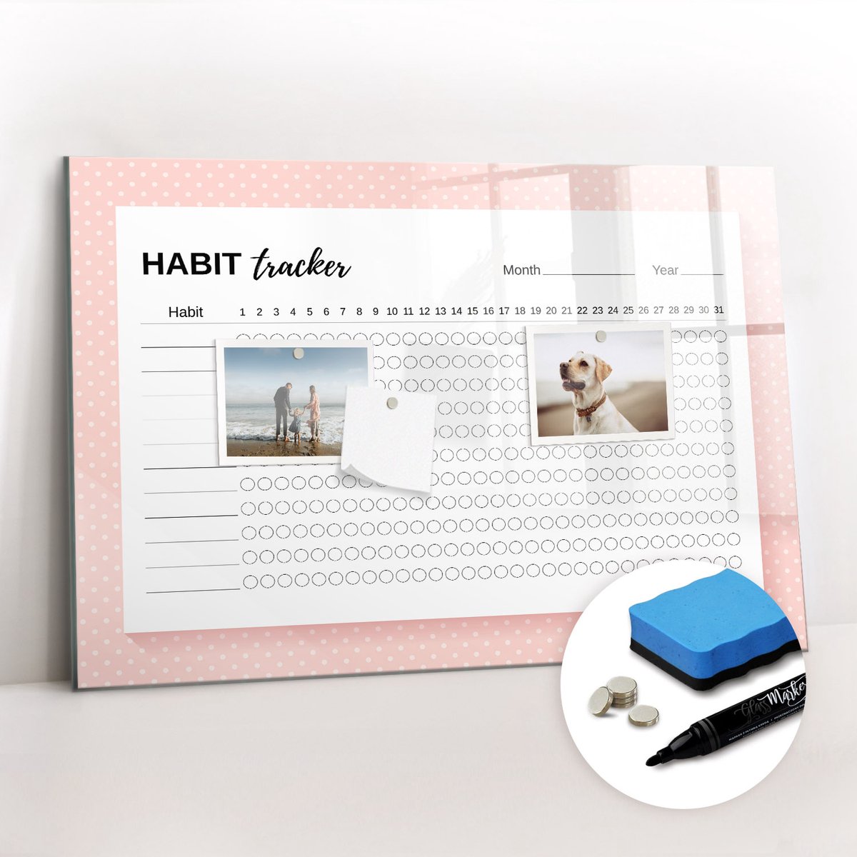 Tulup Whitebord - Dagelijkse gewoonteregistratie - 60 x 40 cm - Roze Magneetbord Rechthoekig - Gratis 5 Sterke Magneten + Whiteboard Marker & Wisser - Interieur Accessoires Kantoor - Memobord Keuken - Productiviteit Tools