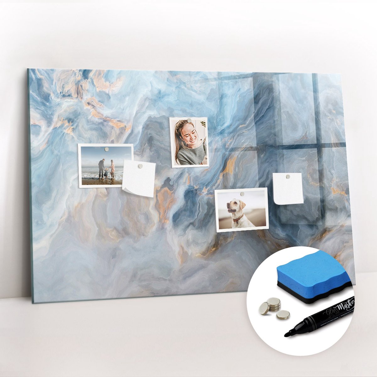 Tulup Whitebord - Klassiek marmerpatroon - 90 x 60 cm - Blauw Memobord Keuken - Gratis 5 Sterke Magneten + Whiteboard Marker & Wisser - Design Memobord - Magnetic Board - Inspiratiebord Kantoor