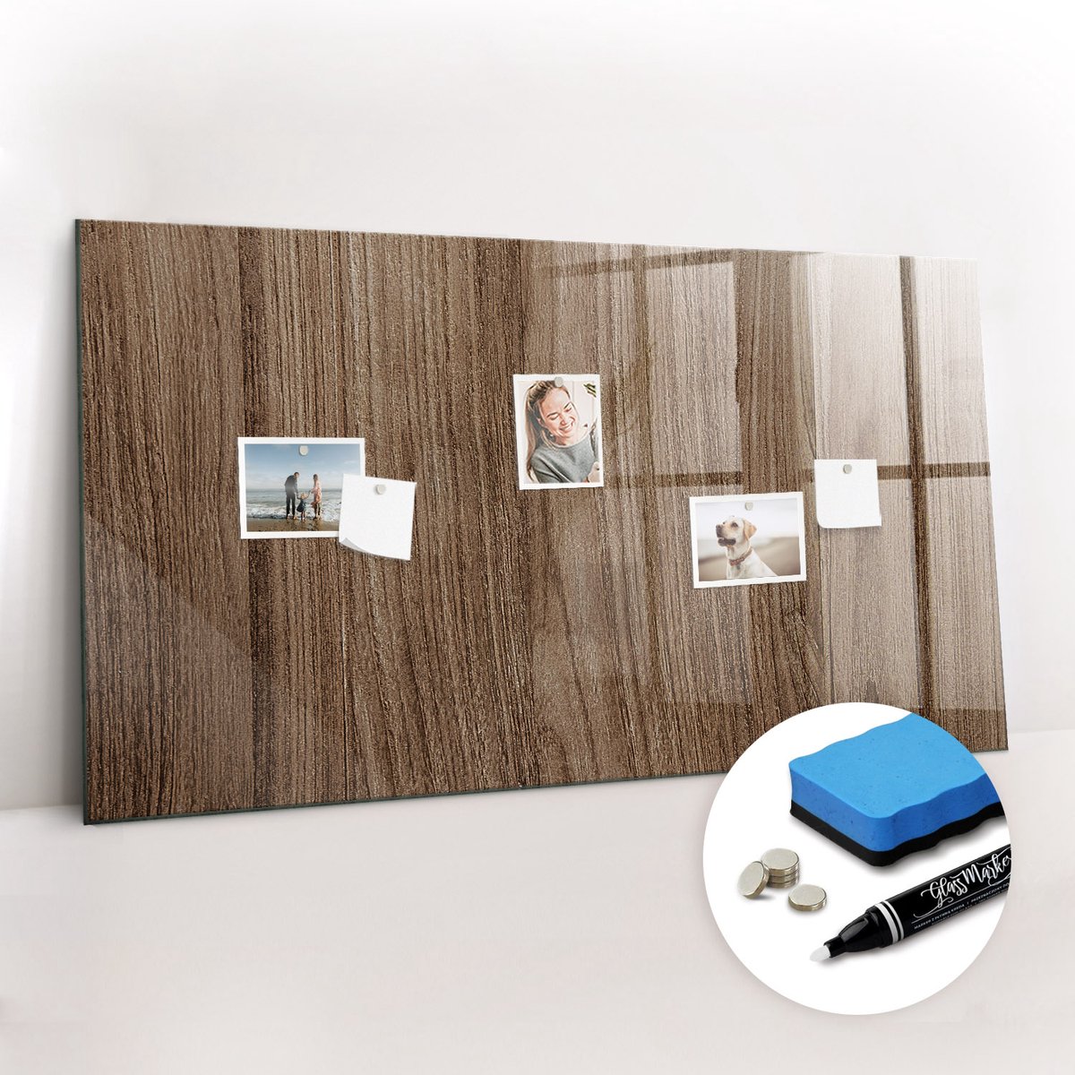 Tulup Whitebord - Donker hout - 120 x 60 cm - Bruin Memobord Glas - Gratis 5 Sterke Magneten + Whiteboard Marker & Wisser - Interieur Accessoires Kantoor - Magnetisch Memobord - Productiviteit Tools