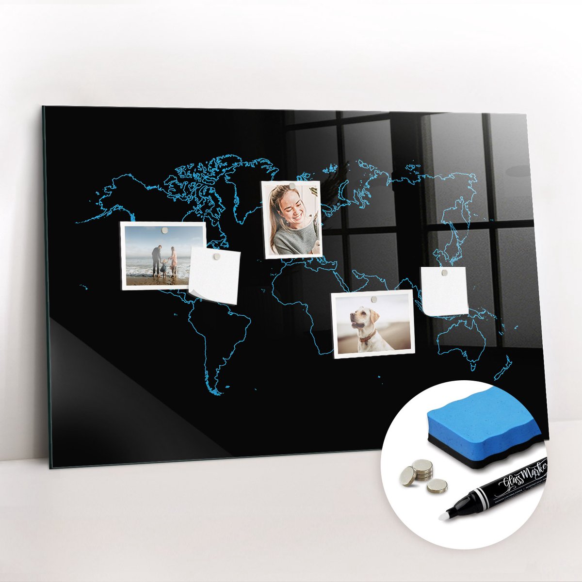 Tulup Whitebord - Contourlijnen van de wereldkaart - 90 x 60 cm - Zwart Magnetic Board - Gratis 5 Sterke Magneten + Whiteboard Marker & Wisser - Decoratief Magnetisch Bord - Magnetic Board - Productiviteit Tools