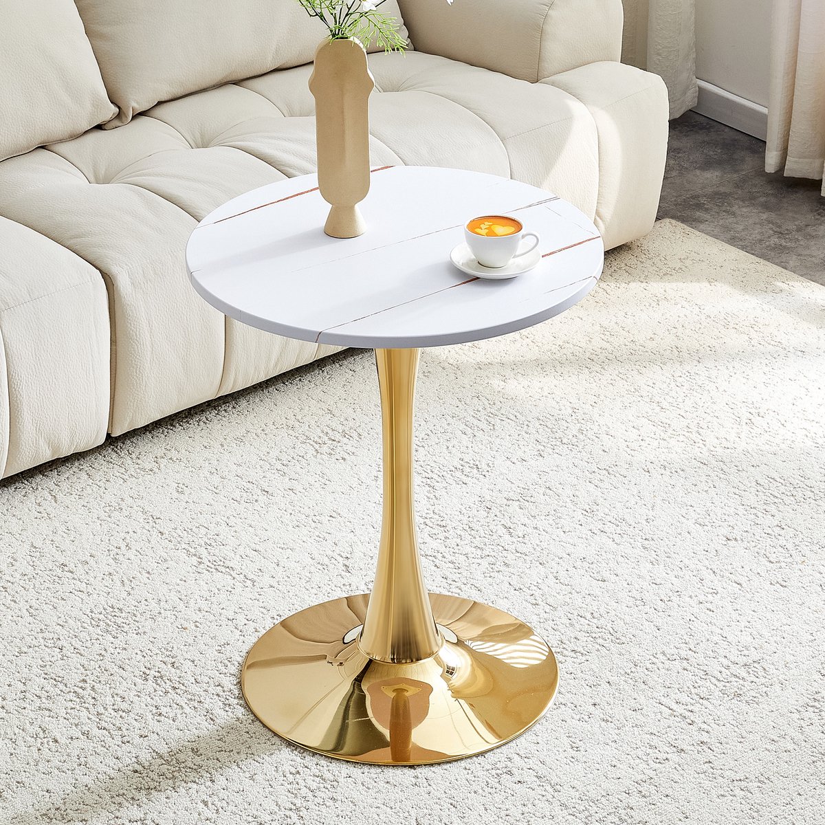 KOMHTOM - Ronde Bijzettafel en Kleine Eettafel - 60 cm MDF - Houtnerflook met Thermoform-technologie - Gouden Steunpoot - Perfect voor Europese Woonruimtes - Wit