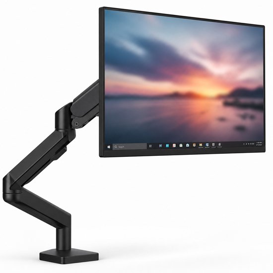 Support écran noir avec un bras flexible, fixé à un bureau.