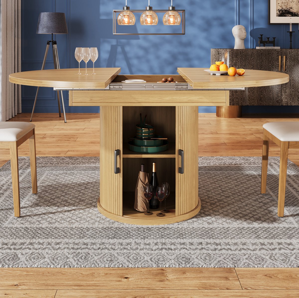 DESMIU Eettafel - Uitschuifbaar Rond Tot Ovaal Met Opbergruimte - Voor Keuken En Eetkamer - MDF In Natuurlijke Houtkleur - 118x118x76,8 Cm
